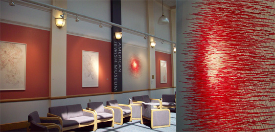 “Nests," exhibition by Anna Divinsky at the American Jewish Museum, Jewish Community Center, Pittsburgh, 2009. Right: Paintings on silk of nests and nest installation.   Left: Installation close-up, Re-Collection 1993-2009, hand painted and heat-set silk.  