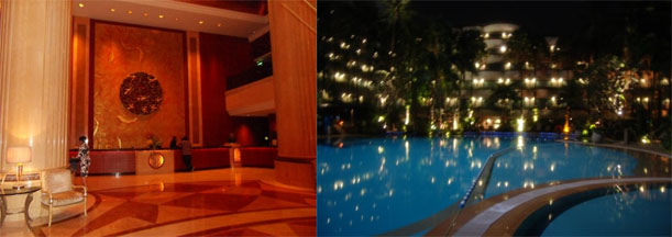 The lovely lobby and pool at the Shangri-La.