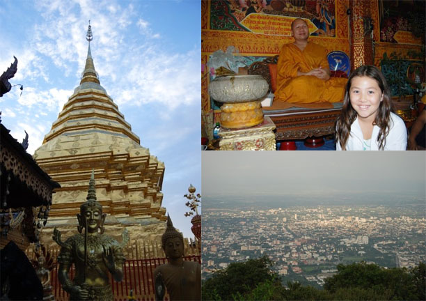 The gold-painted Doi Suthep temple, Keri with the monk who blessed us, and the hilltop view of Chiang Mai.