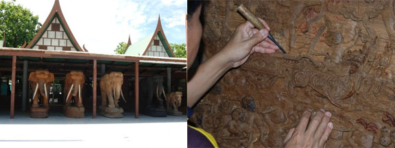 Elephants at the woodcarving factory, and a worker executing the incredibly detailed carving.