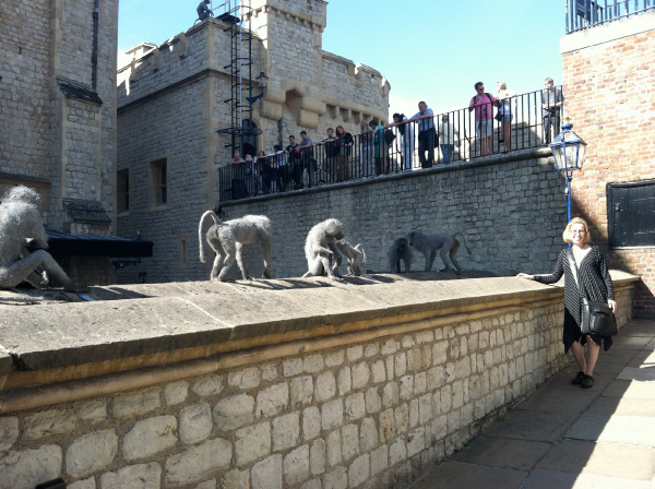 Anna takes in some monkey business in her Casanovas at the Tower of London.