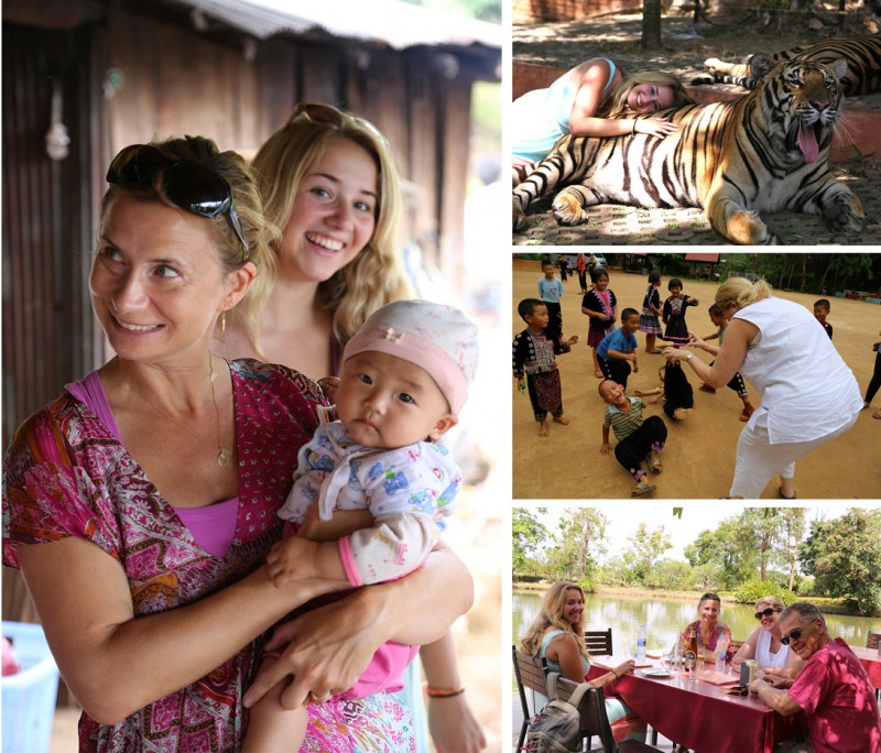 Jill got her tiger fix (upper right), after which we visited a hospitable Hmong village, where I held possibly the cutest baby ever (left), and my sister "terrorized" some school children (center right). Then we went out for a wonderful bite and beer (bottom right)!