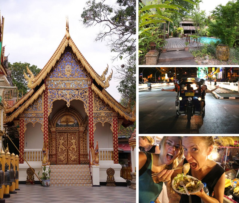 One the stunning buildings at the mountaintop Doi Suthep temple (left), and our own slice of paradise, the salt pool at Baan Orapin (top right). Refreshed, my niece and I take on the streets of Chiang Mai in a tuktuk (center left) on our way to the night market, where we ate like ravenous demons!