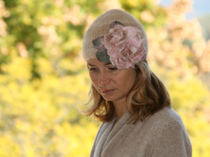 Karin Wagner Hand Knit Hat  in Beige with Rose Fleur